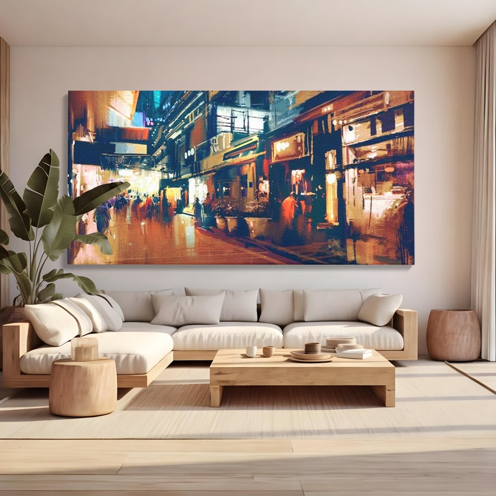 Tablou canvas cu pictura urbana cu strada luminata noaptea, fara rama, pe sasiu de lemn, pe perete intr-un living